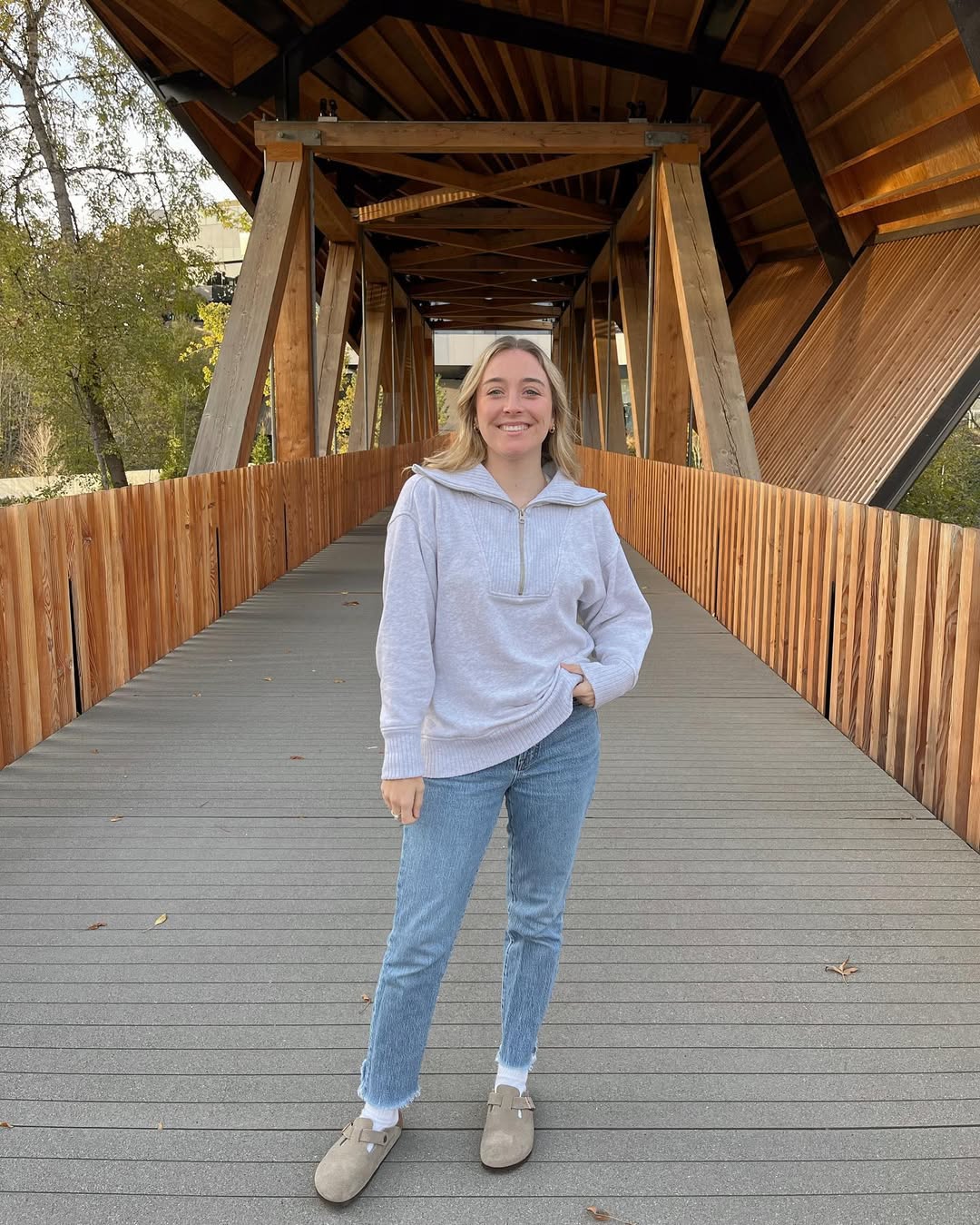 Cozy Grey Quarter-Zip With Frayed Denim