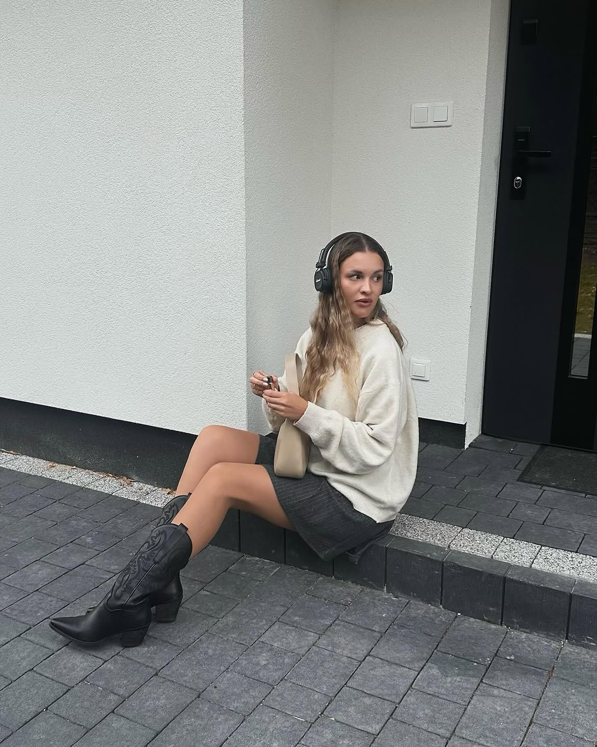 Cozy Knit And Mini Skirt Western Boots Combo