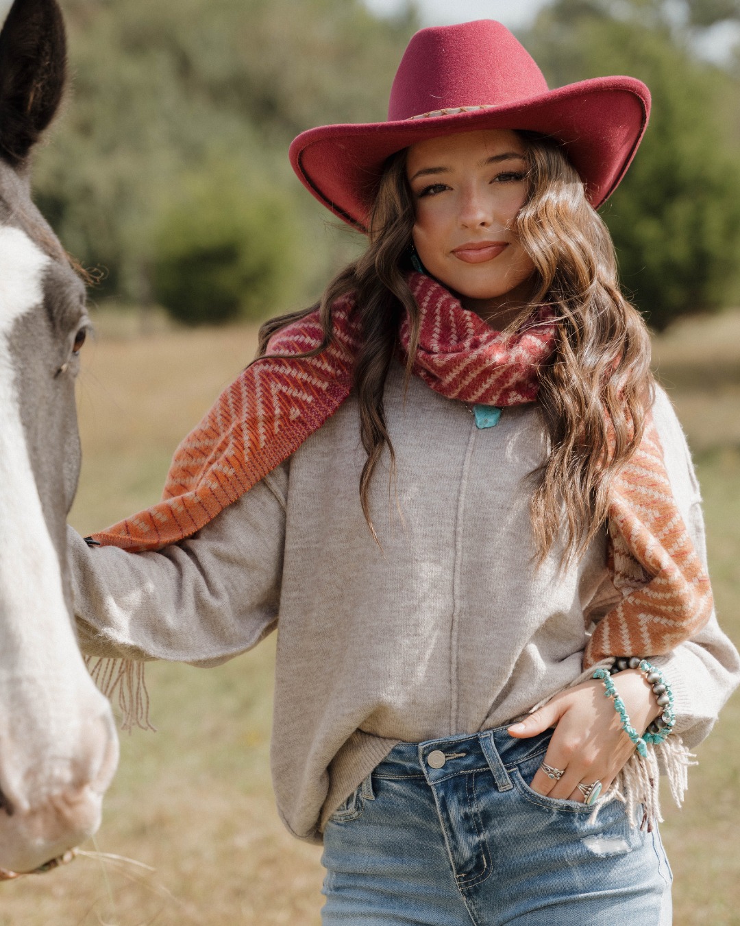 Cozy Knit Sweater With Denim Shorts And Cowboy Hat