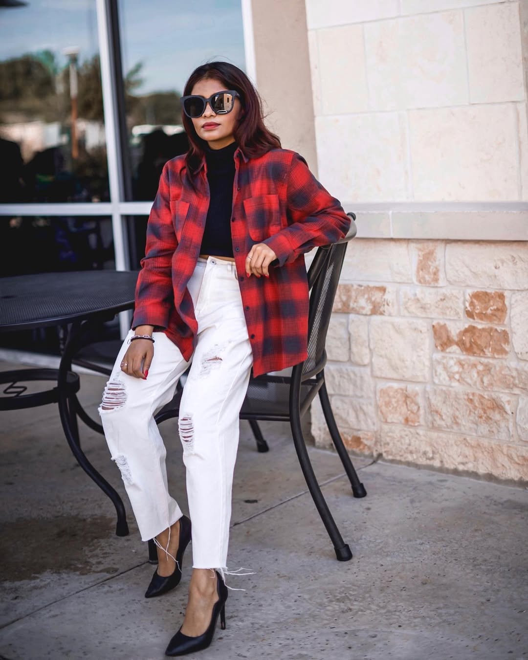 Cozy Plaid Layer Over Distressed White Denim