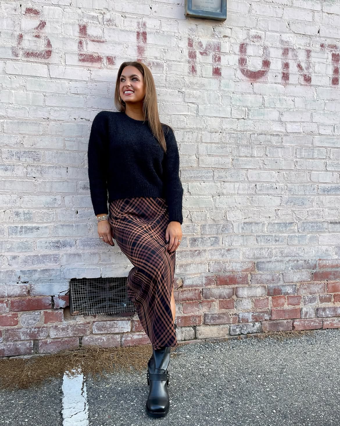 Cozy Plaid Maxi Skirt With Black Knit And Boots