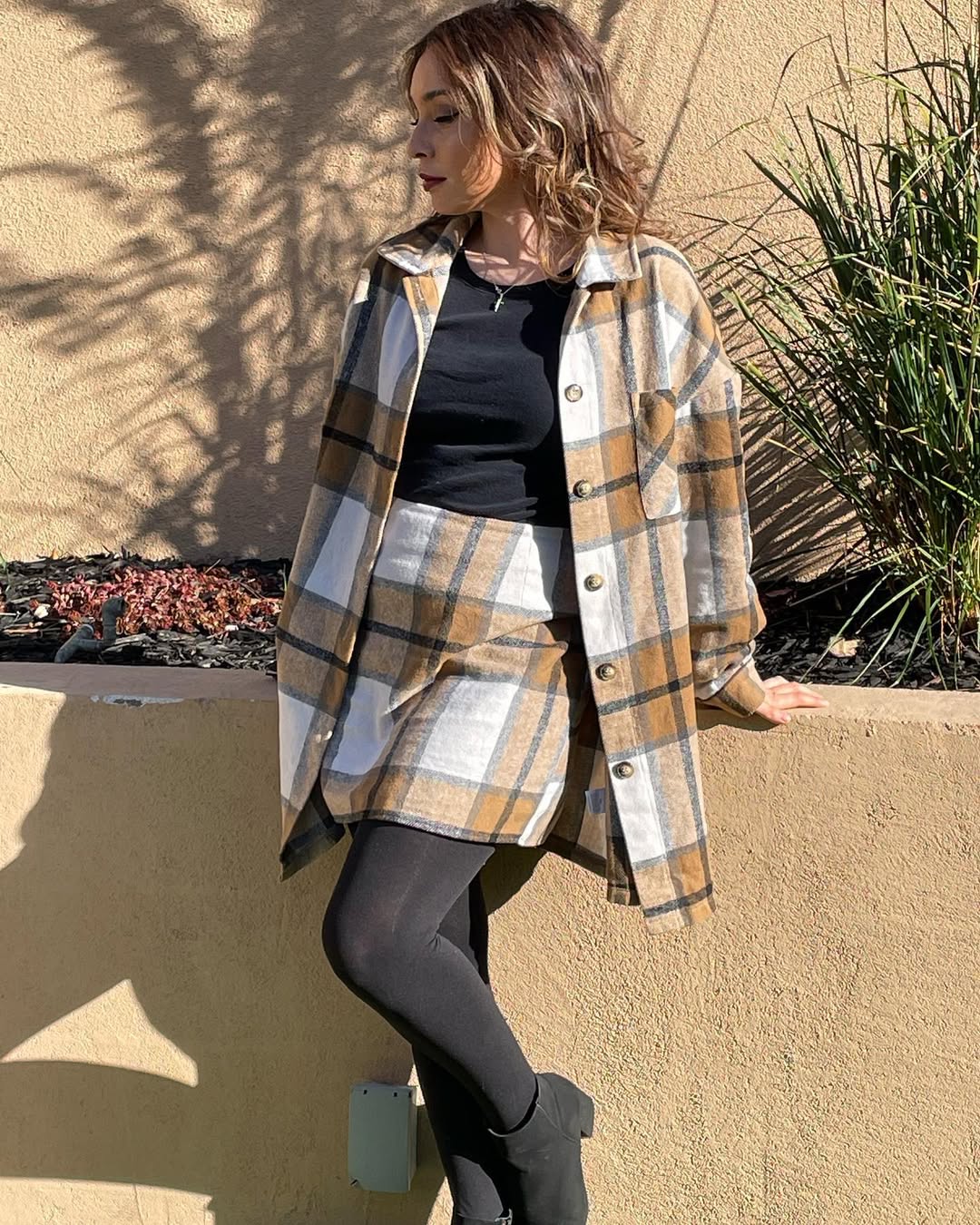Cozy Plaid Shacket And Mini Skirt Set
