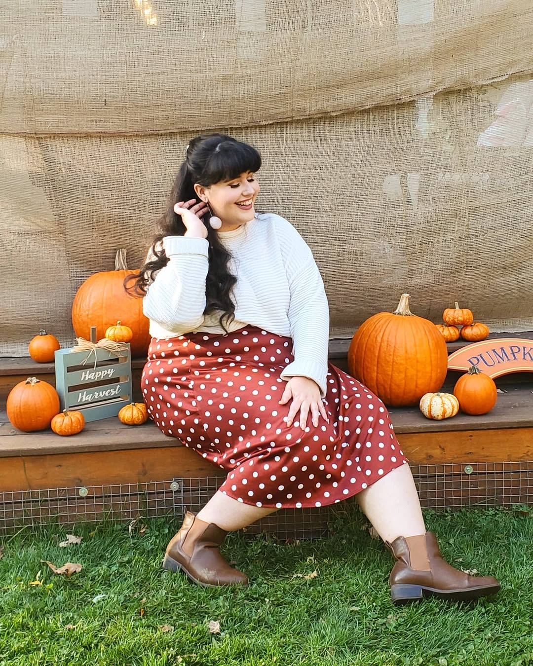 Cozy Polka Dot Midi Skirt And Sweater Combo