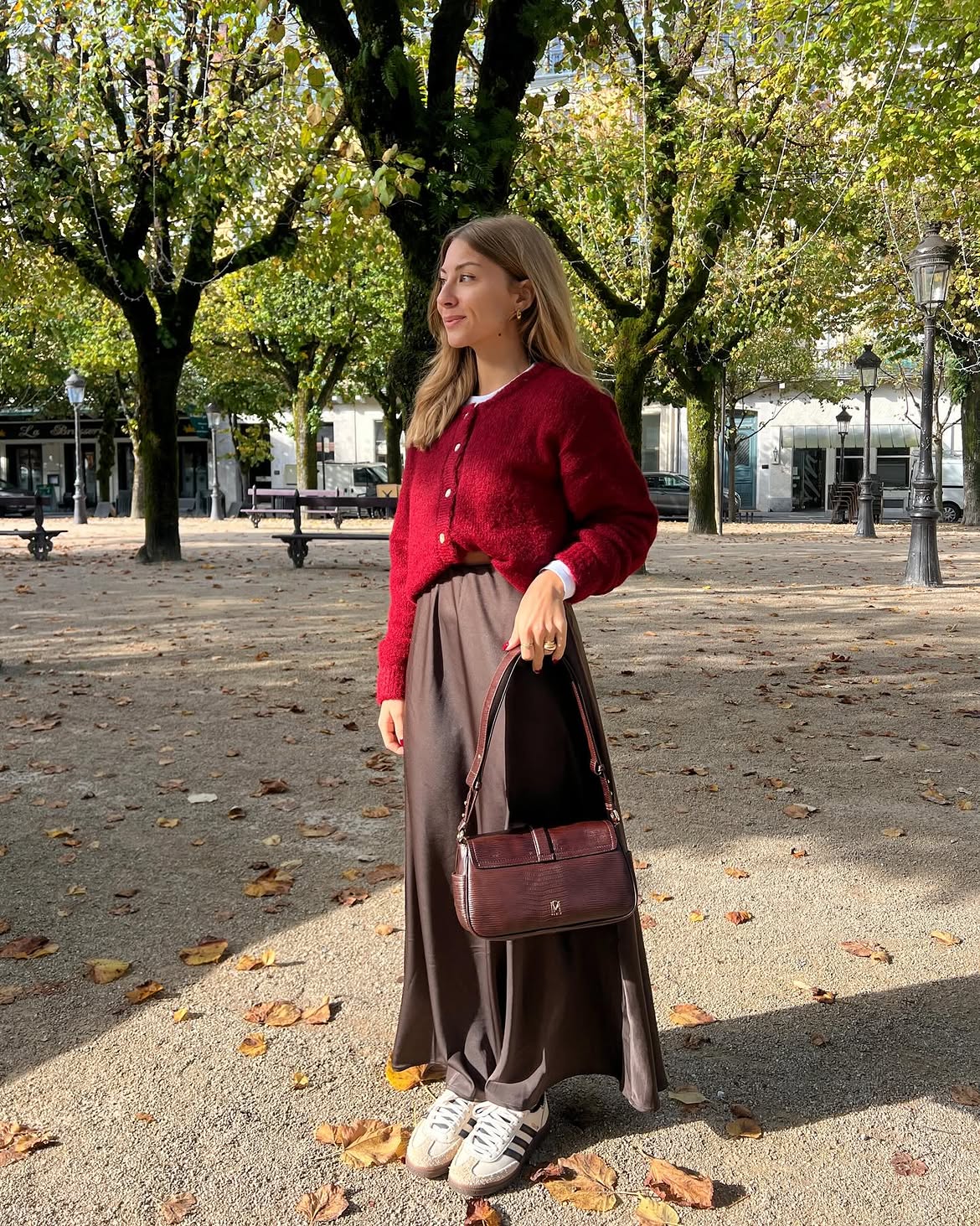 Cozy Red Cardigan With Flowy Brown Skirt Outfit