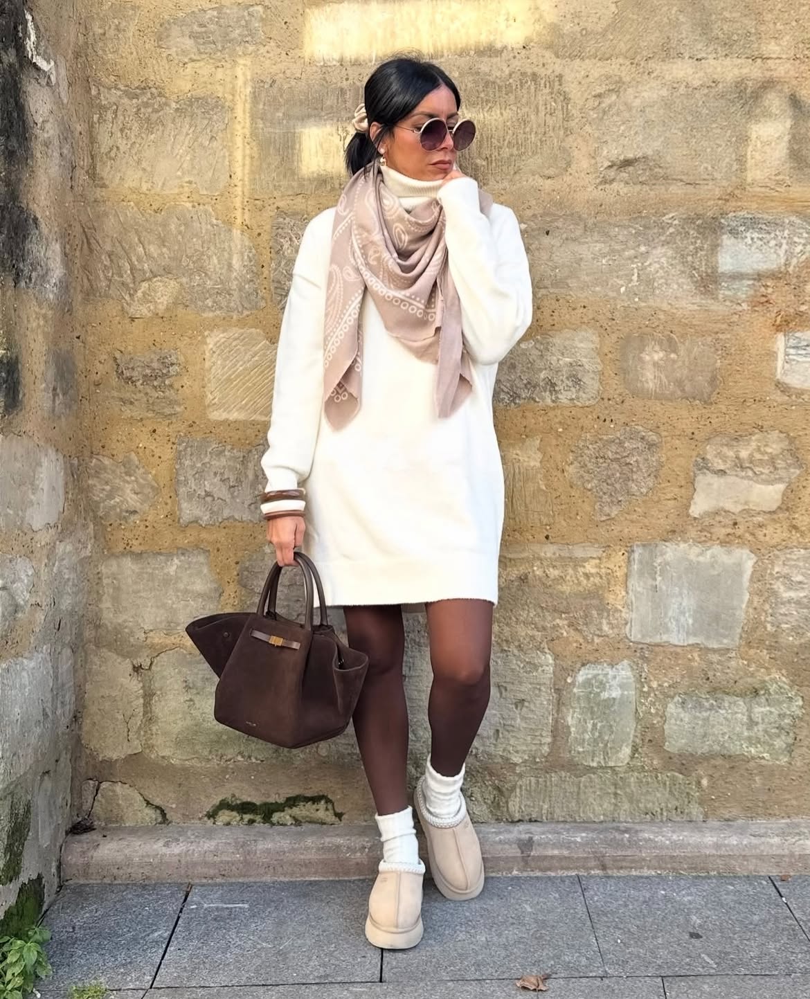 Cozy White Sweater Dress With Chic Brown Accessories