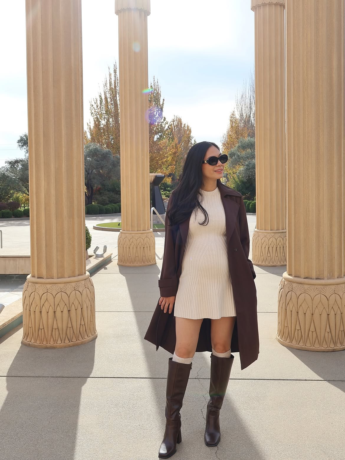 Cream Knit Mini Dress With Brown Trench Outfit