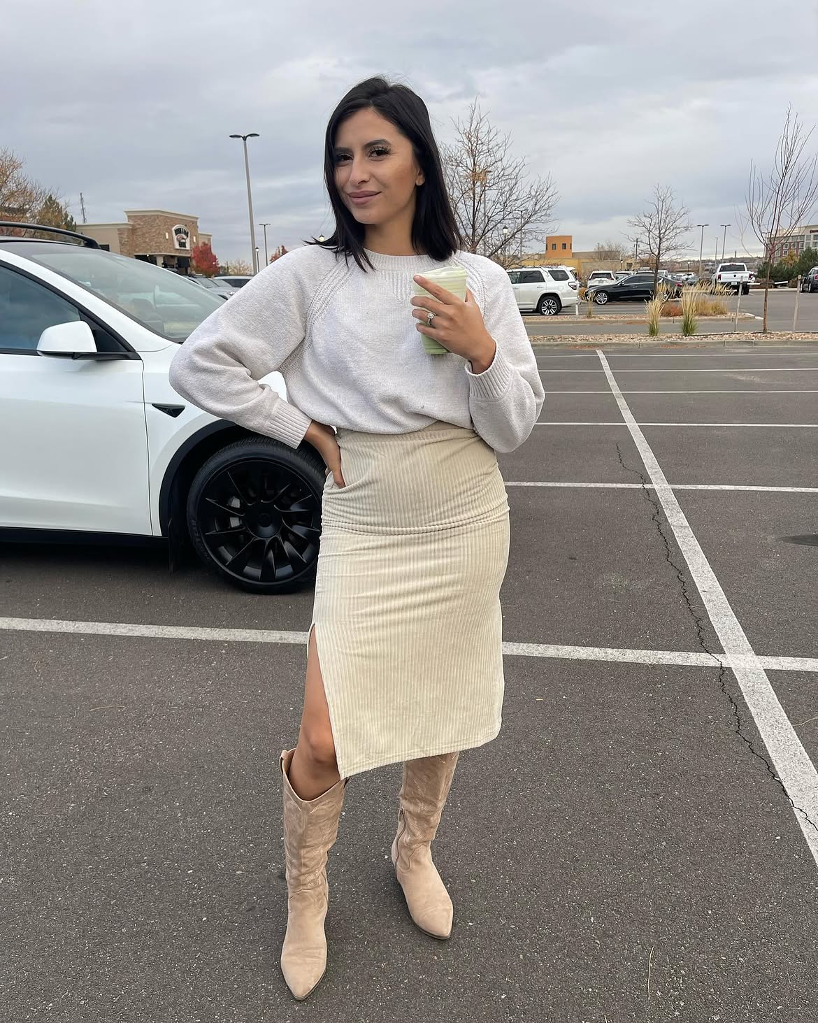 Cream Knit Sweater And Ribbed Midi Skirt Look