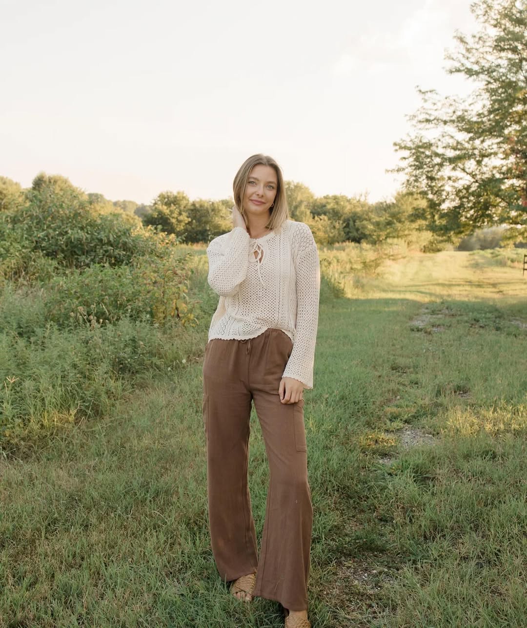 Cream Knit Sweater With Brown Wide Leg Pants