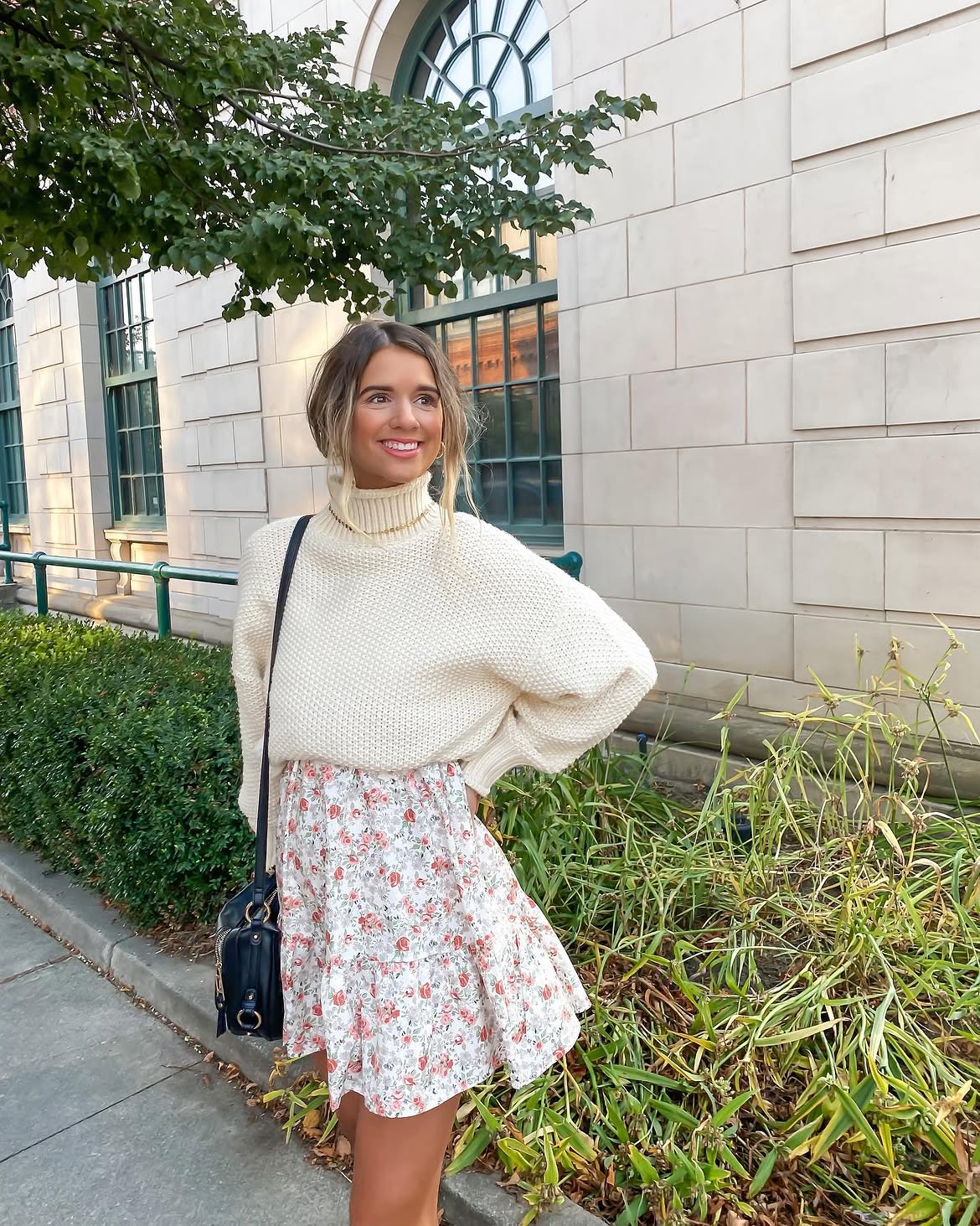 Cream Knit Turtleneck With Floral Mini Skirt
