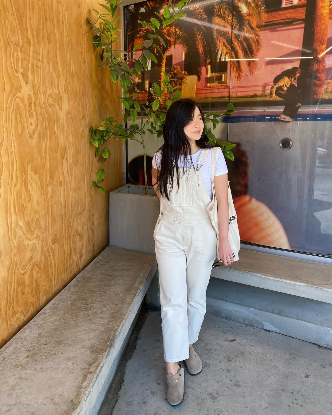 Cream Overalls With White Tee And Suede Clogs