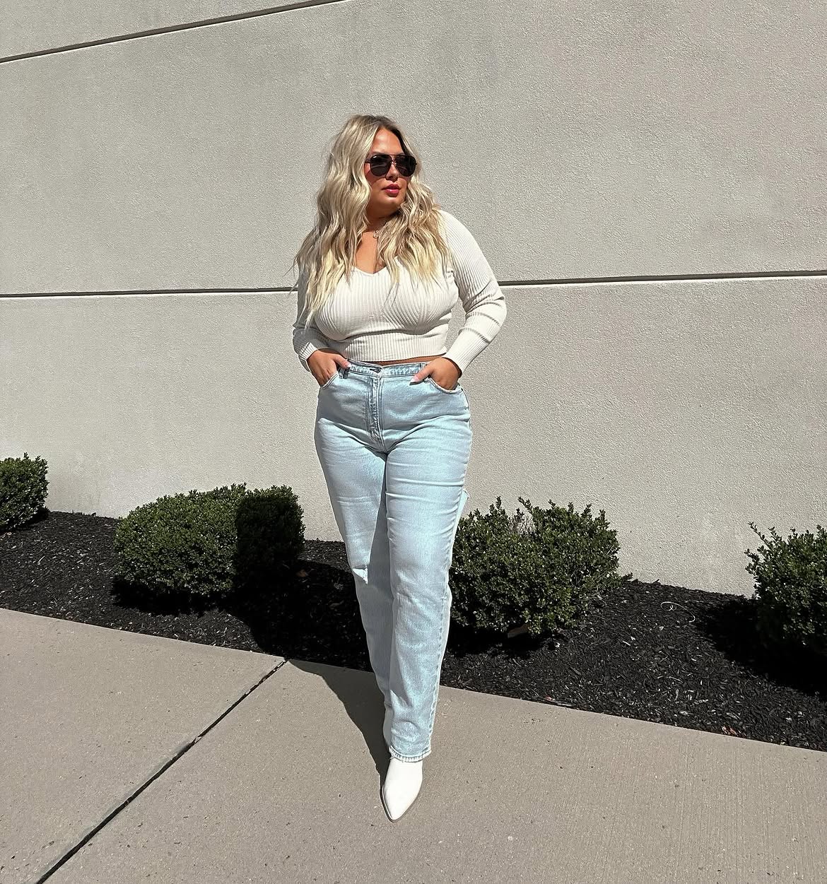 Cream Ribbed Knit Top With Light Wash Denim