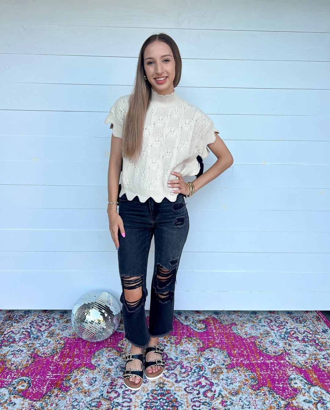 Cream Textured Knit Top With Distressed Jeans