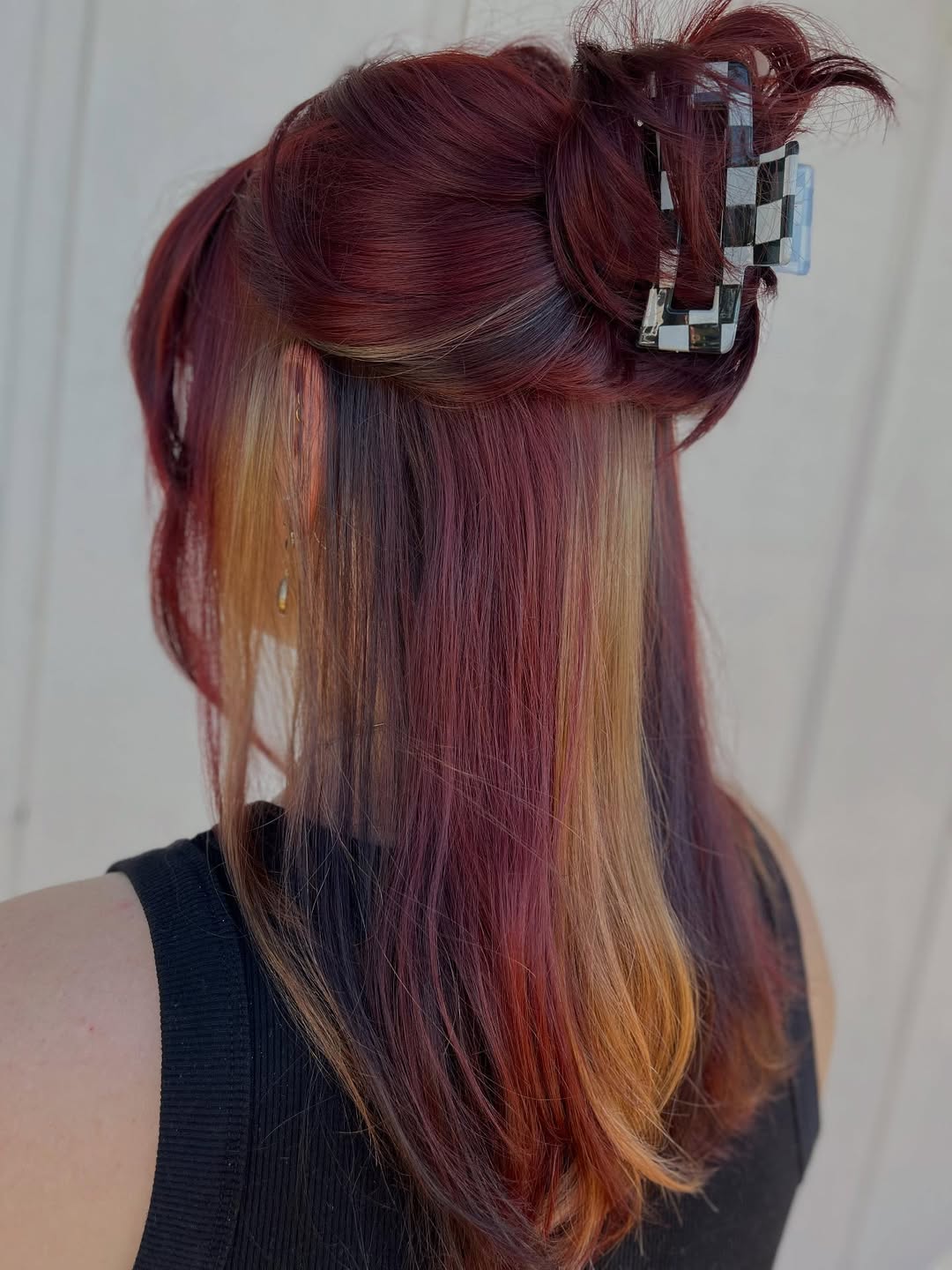 Crimson Calico Updo With Checkerboard Claw Clip