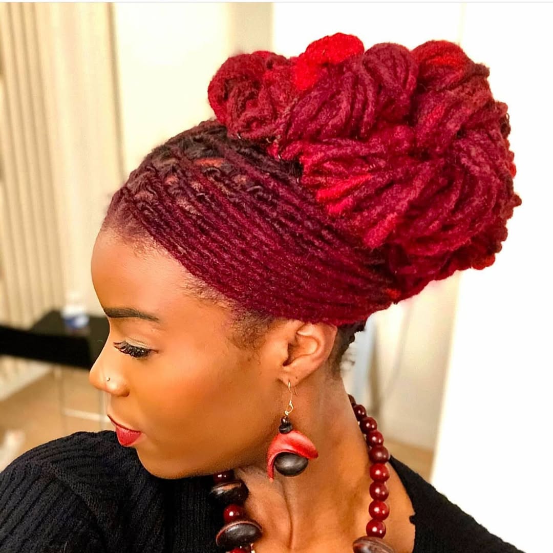 Crimson Red Locs High Bun