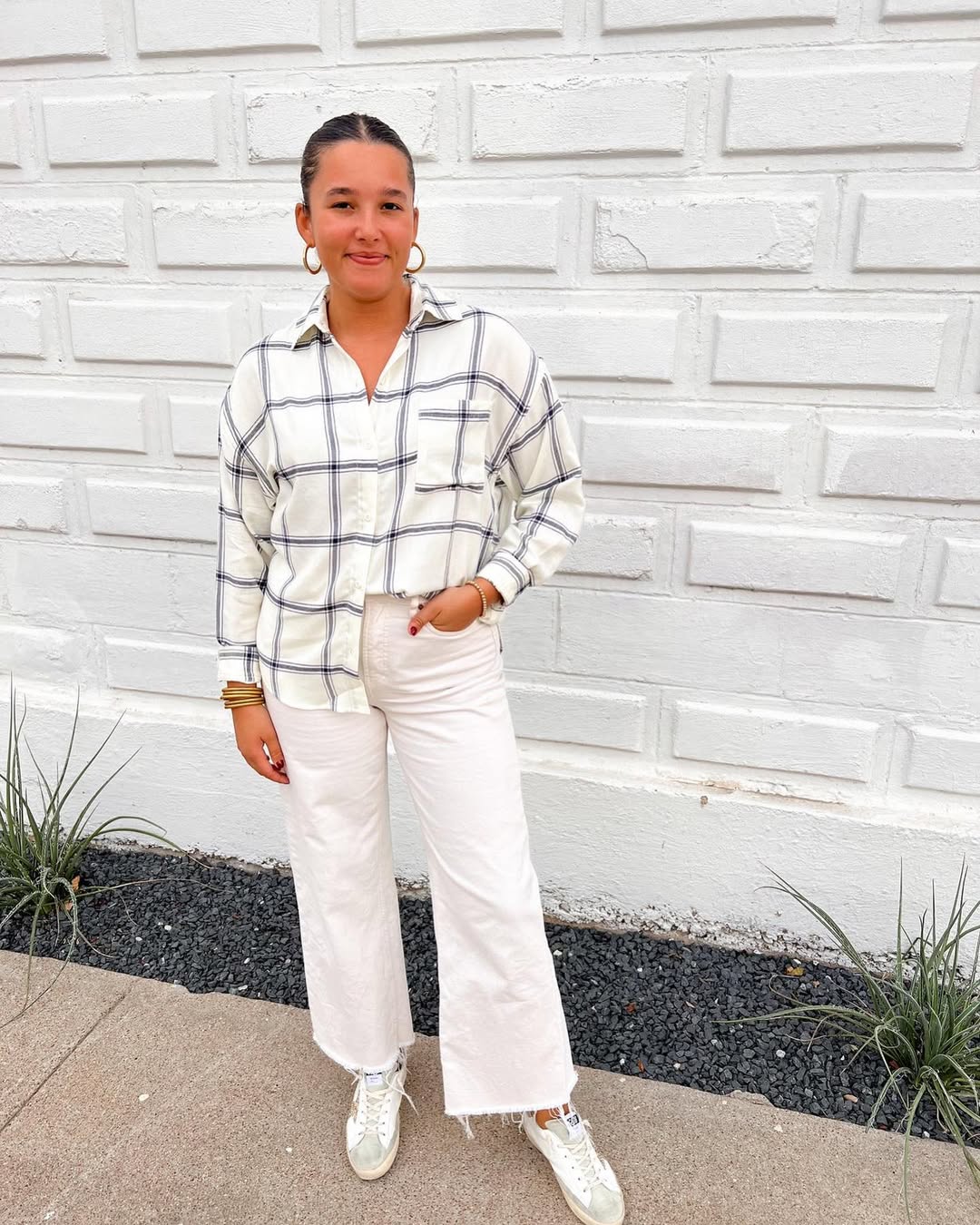 Crisp Plaid Shirt With Cream Wide Leg Jeans