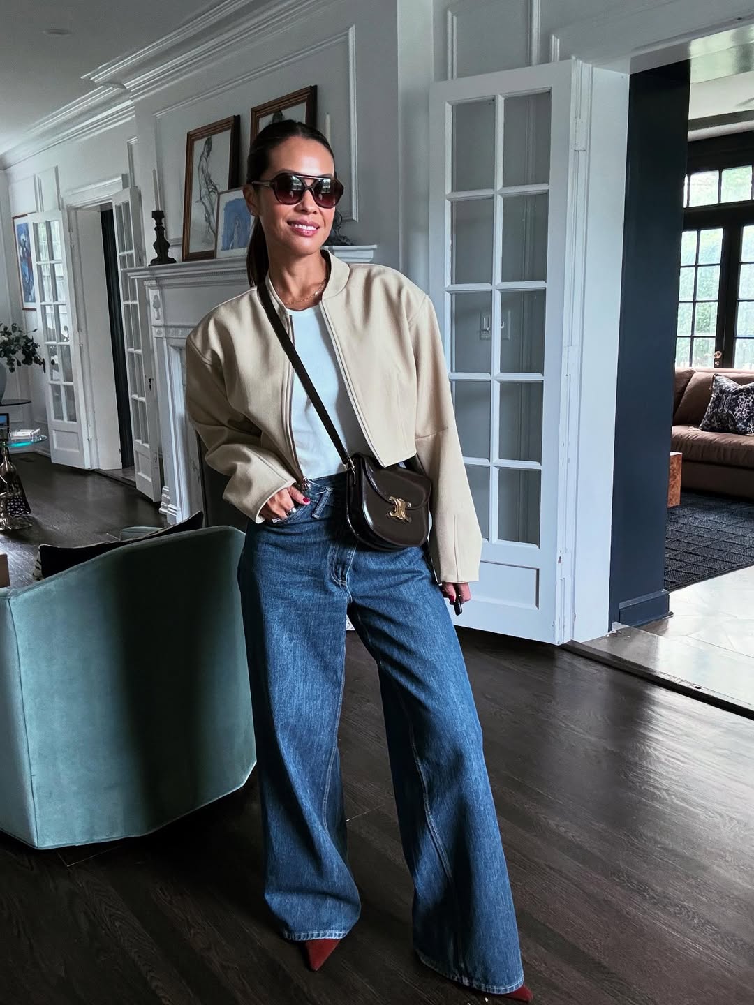 Cropped Bomber Jacket and Wide Leg Denim Look