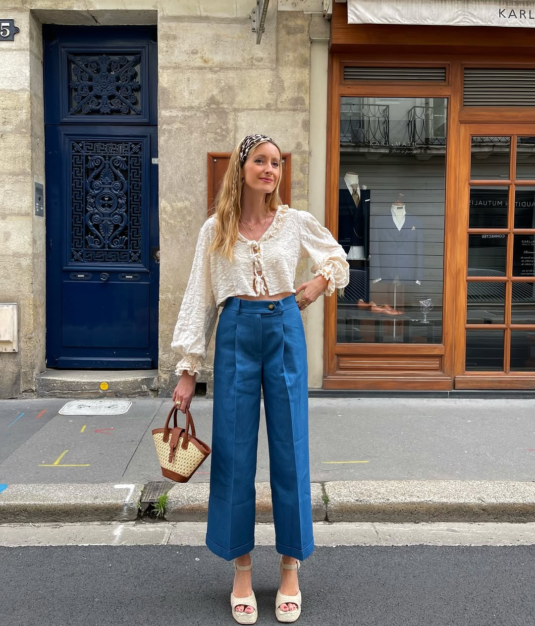 Cropped Breezy Blouse With Wide-Leg Denim Trousers