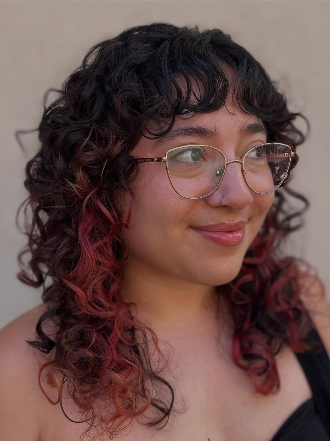 Curly Shag With Fuchsia Money Piece And Bangs