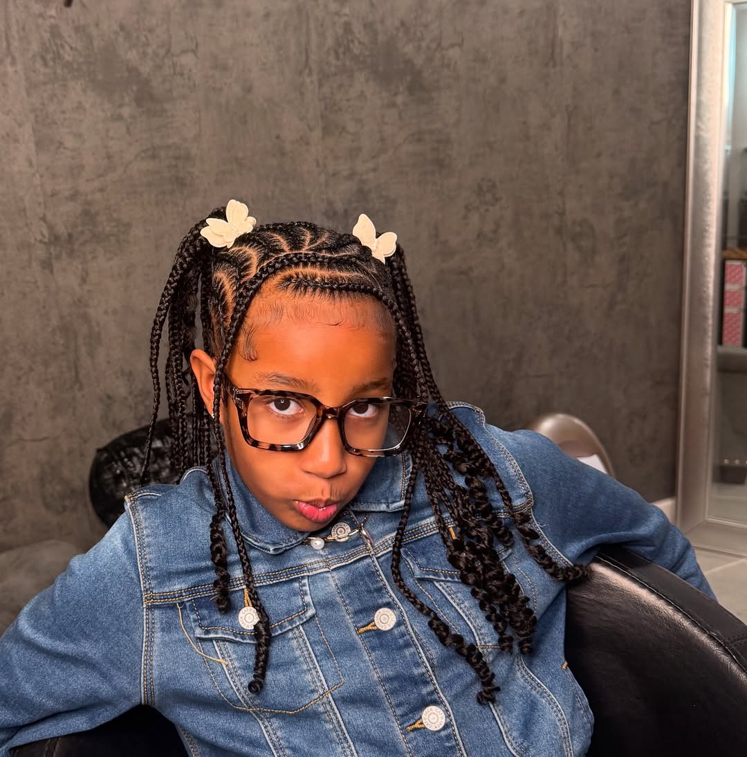 Cute Kids Cornrow Ponytails With Butterfly Clips