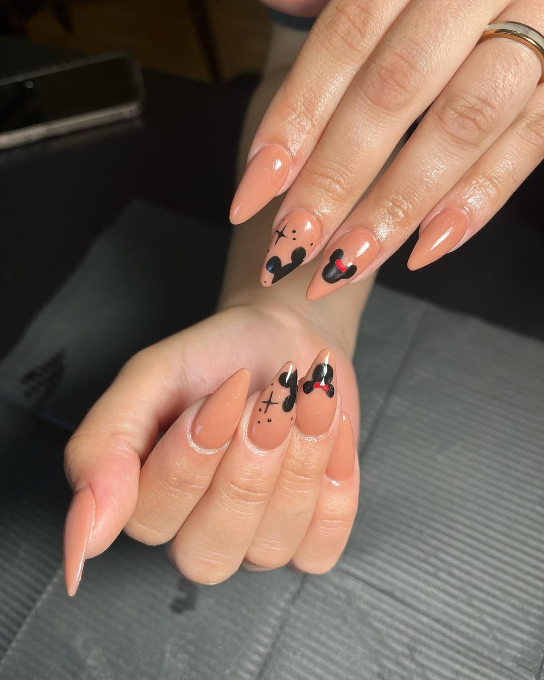 Cute Nude Stiletto Mickey Mouse Nails
