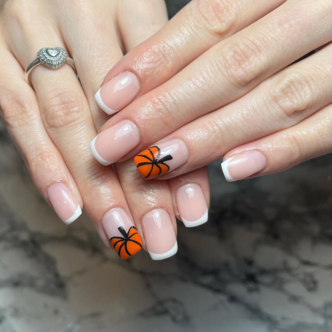 Cute Pumpkin Accent Classic French Manicure