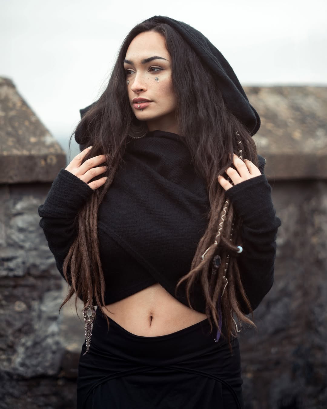 Dark Academia Hooded Wrap Top With Flowy Skirt
