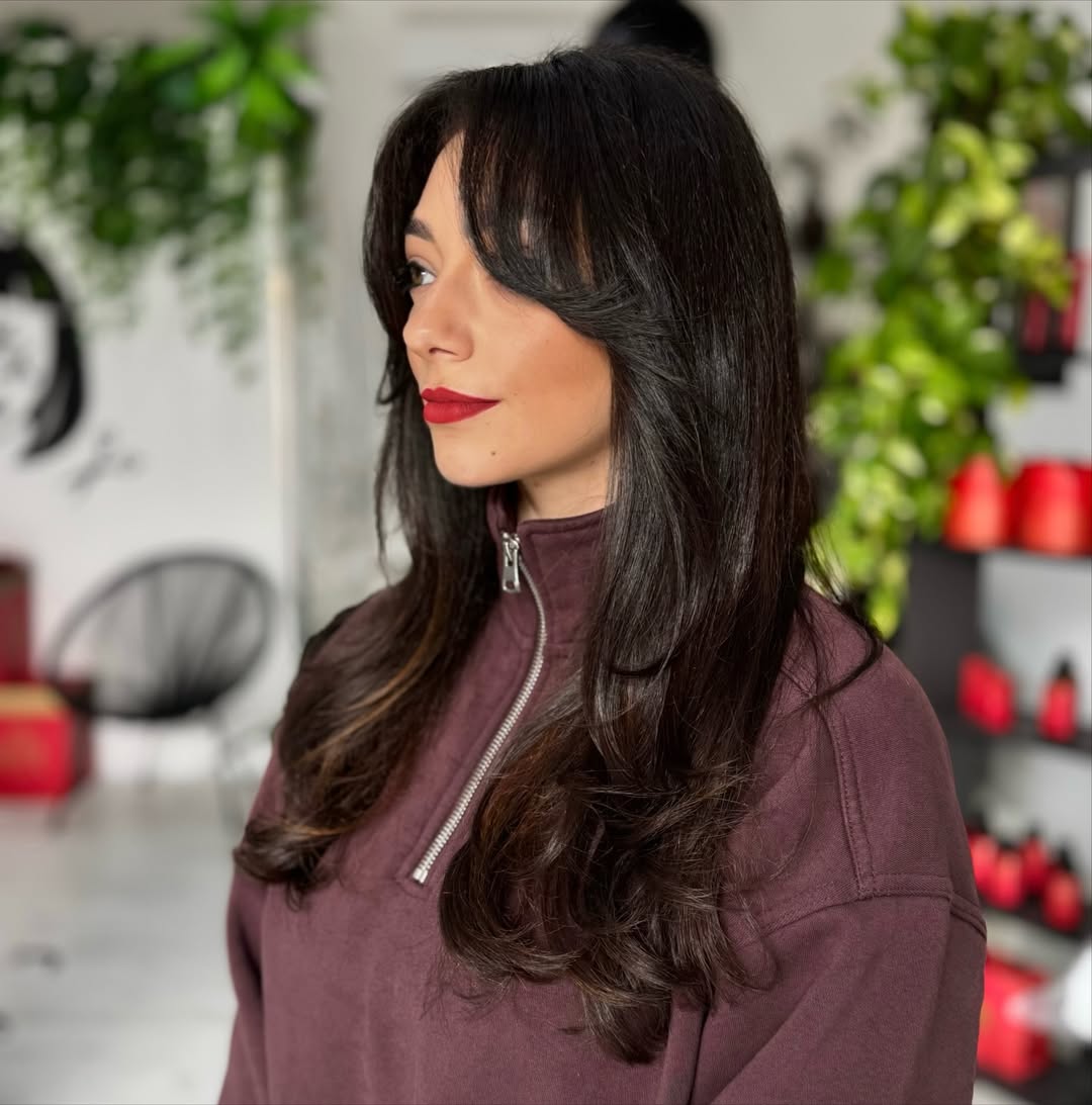 Dark Brunette Long Layers With Curtain Bangs