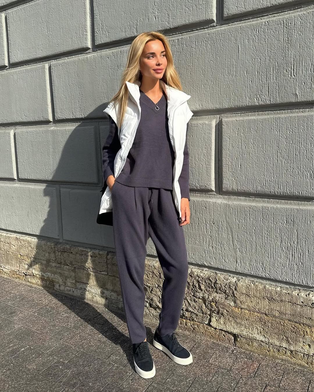 Dark Charcoal Knit Set With White Puffer Vest