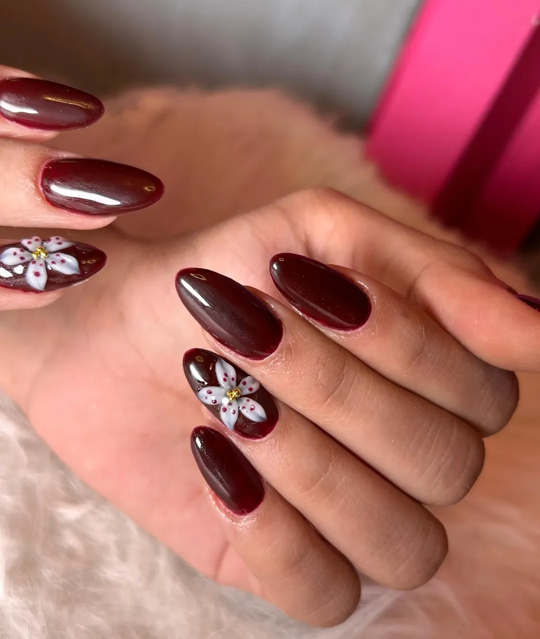 Deep Burgundy Cherry Blossom Almond Nails