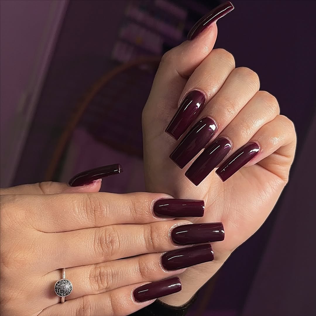 Deep Burgundy Glossy Extra-Long Square Nails