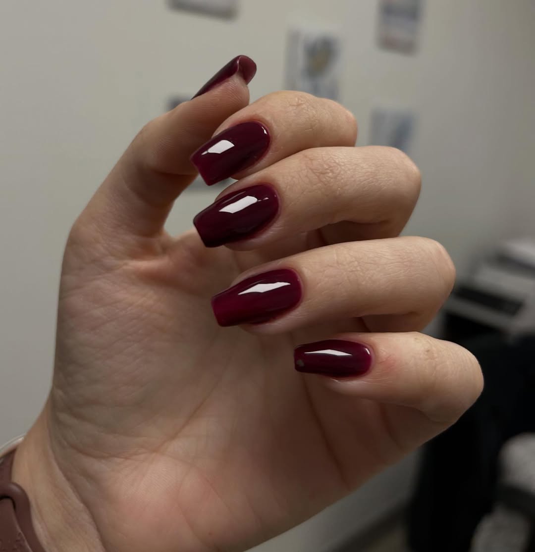 Deep Glossy Burgundy Short Coffin Nails