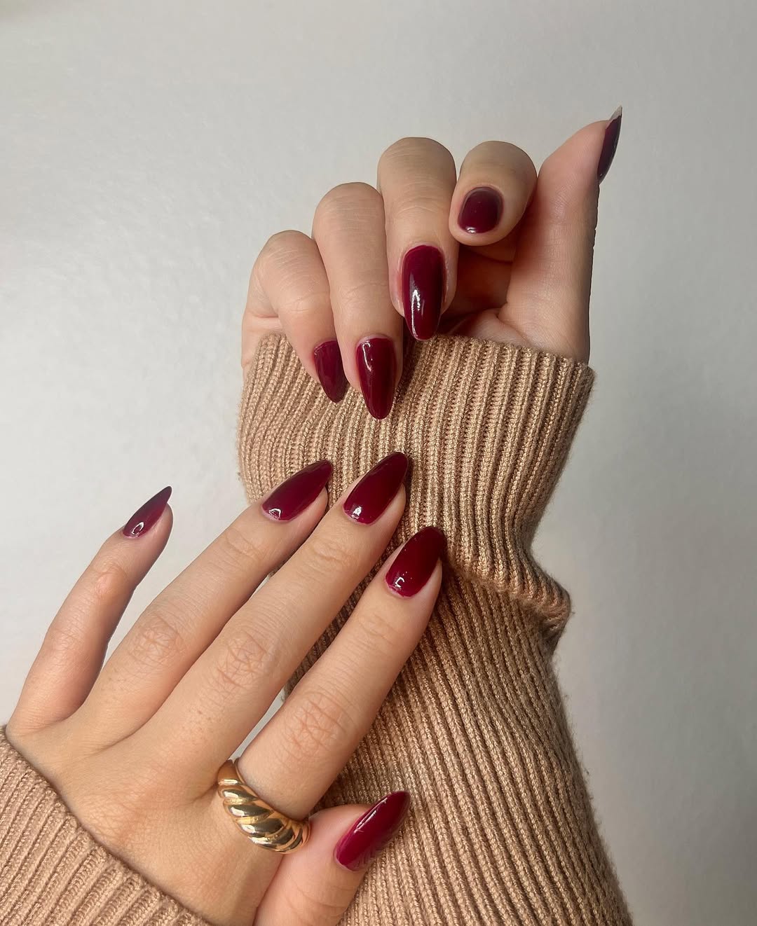 Deep Red Glossy Almond Stiletto Nails