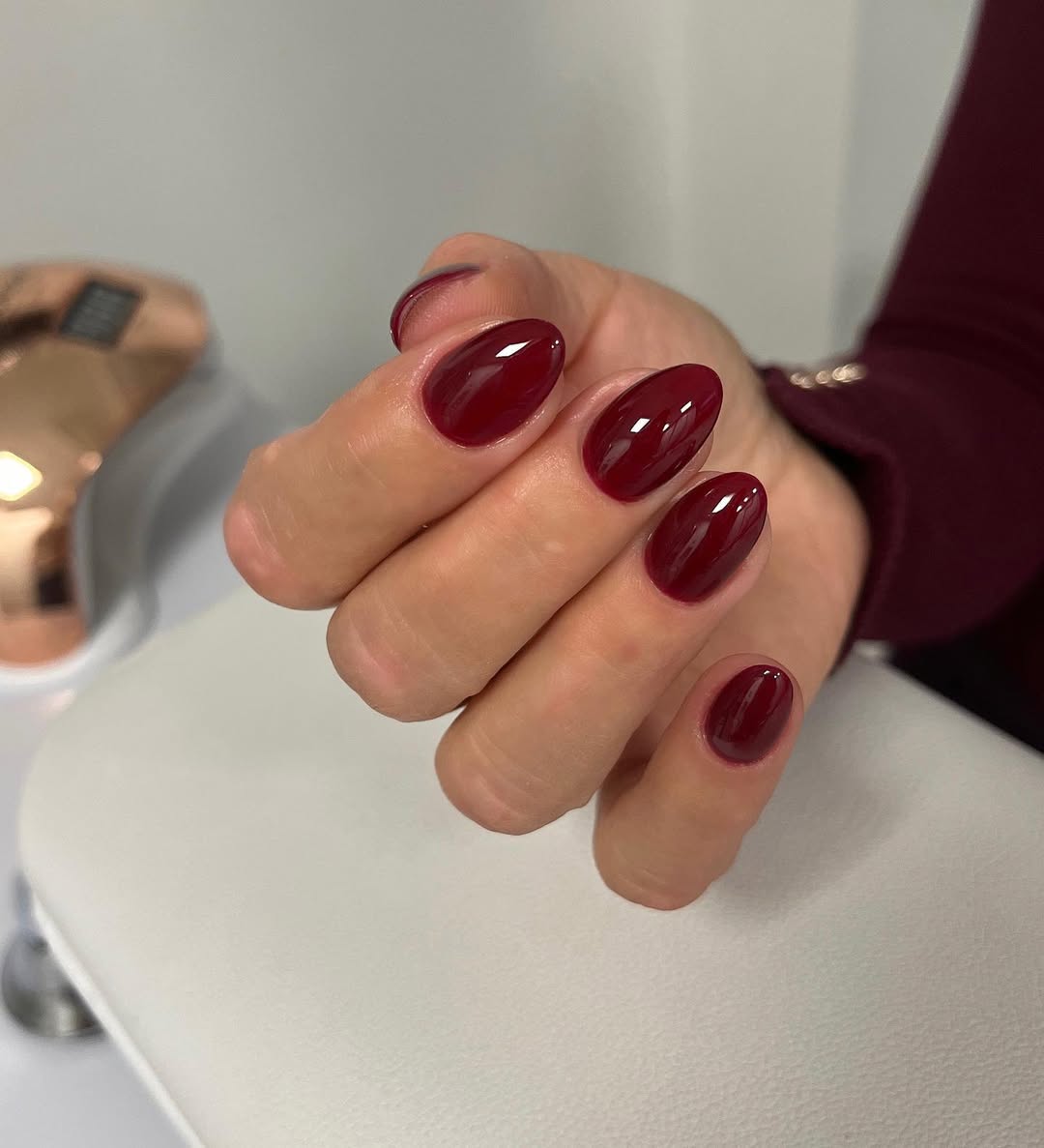 Deep Wine Glossy Oval Shaped Gel Nails