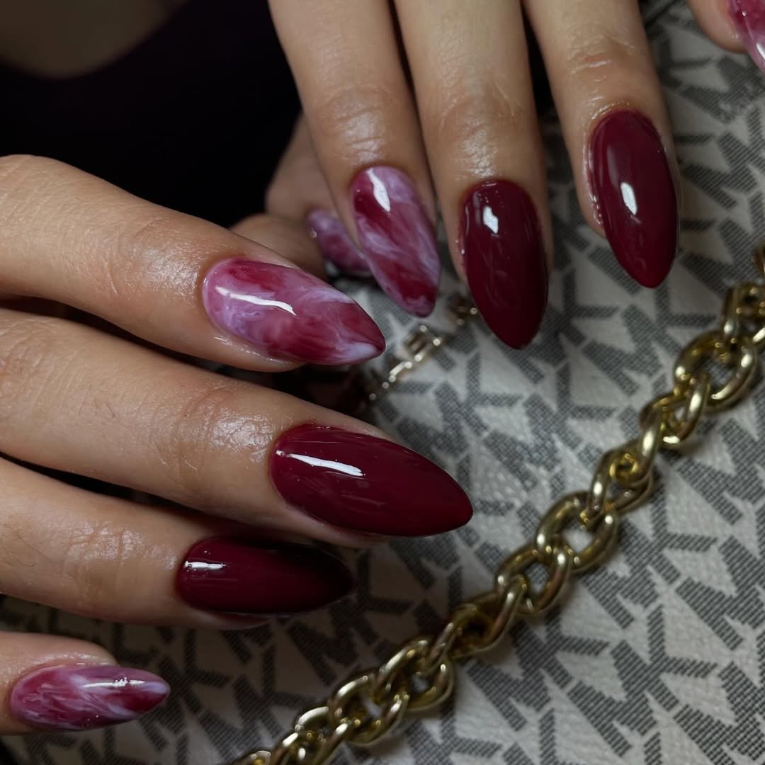 Deep Wine Red Swirl Marble Long Almond Nails