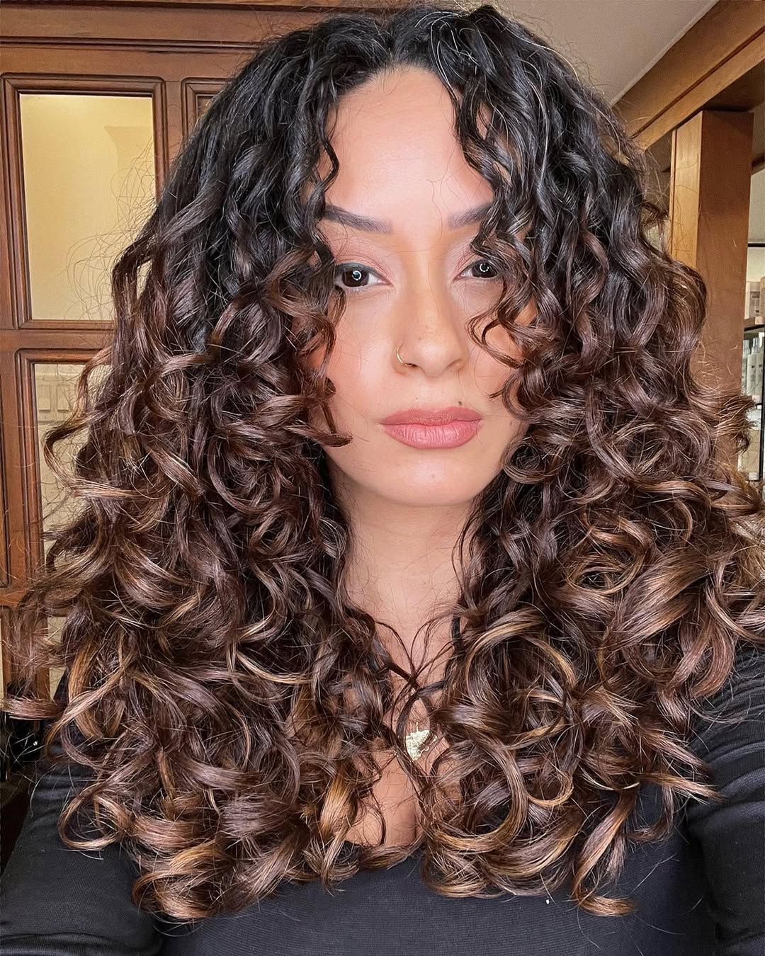 Defined Auburn Curly Layers with Warm Highlights
