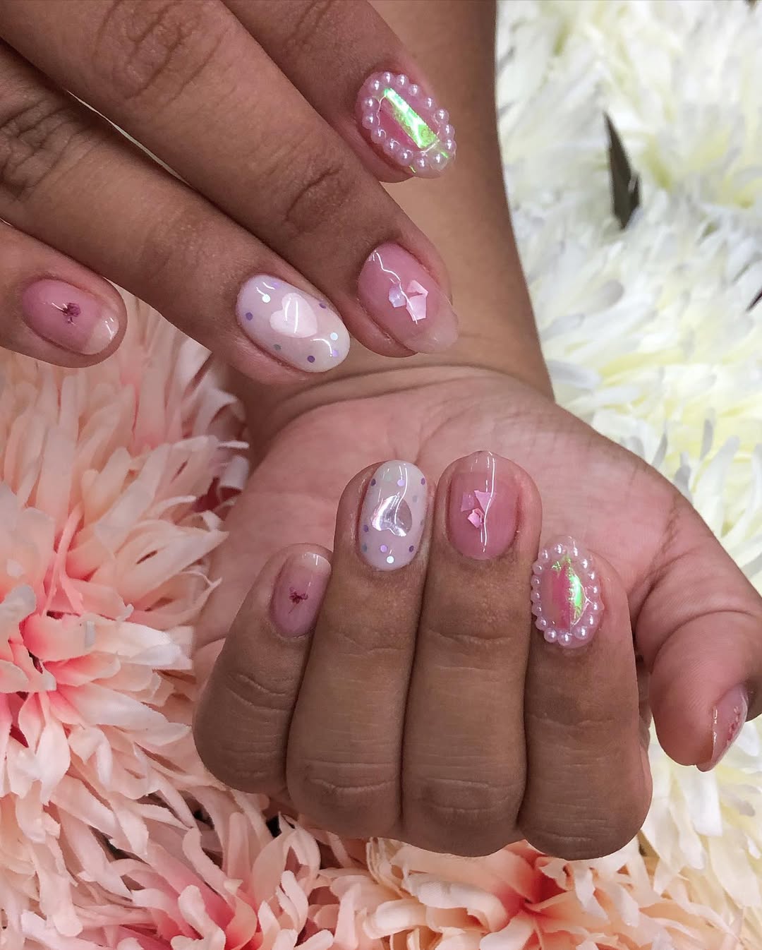 Delicate Pink Nude Whimsical Gemstone Pearl Nail Art