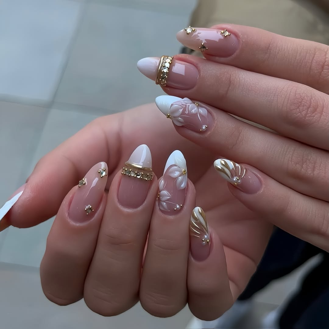 Delicate White Floral 3D Almond Nude Nails