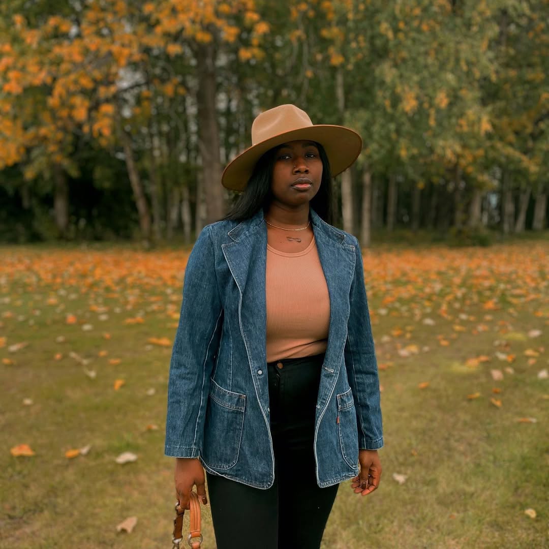 Denim Blazer And Tan Ribbed Top Fall Look
