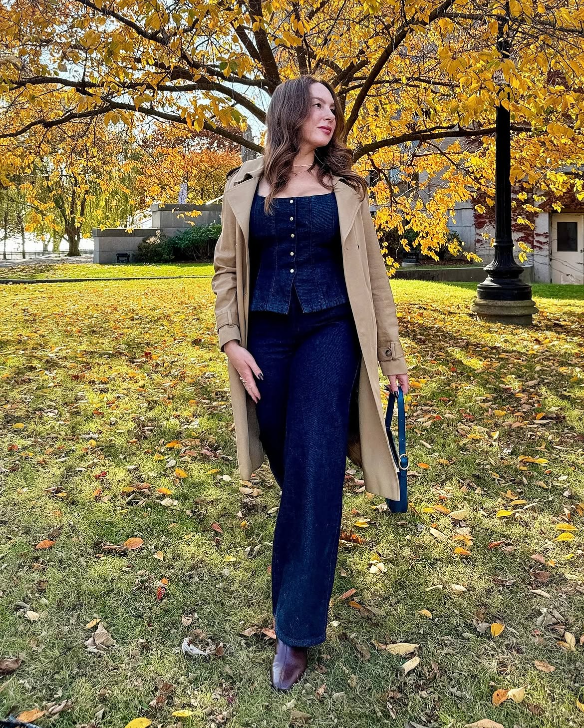 Denim Corset Top and Wide Leg Trousers Fall Look