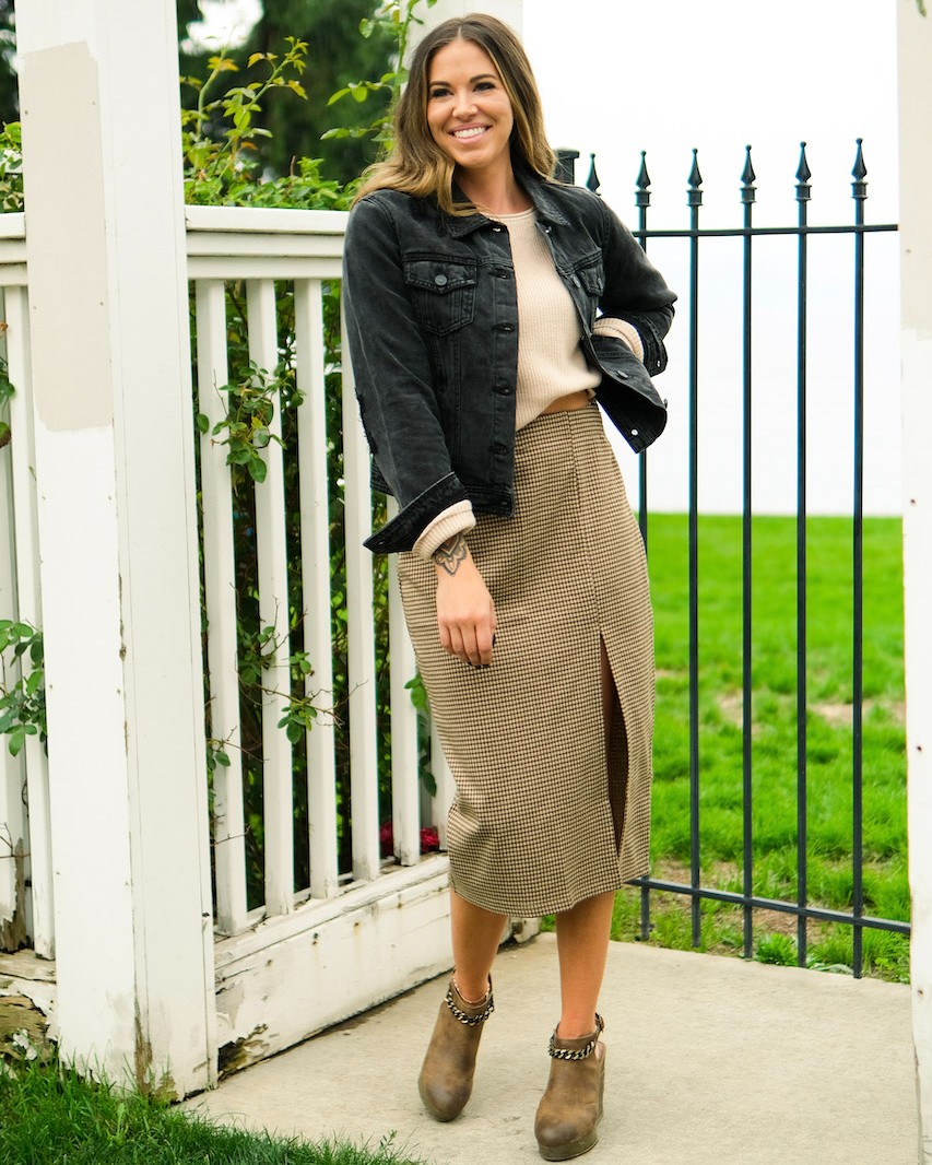 Denim Jacket And Houndstooth Skirt Fall Outfit