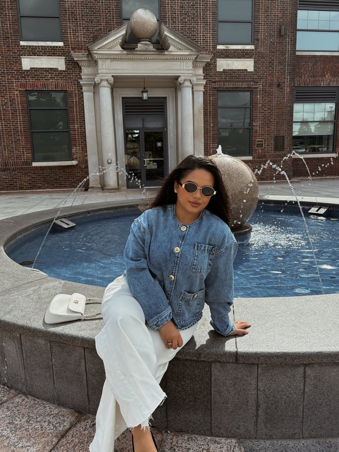 Denim Jacket And Wide Leg White Pants Transition Look