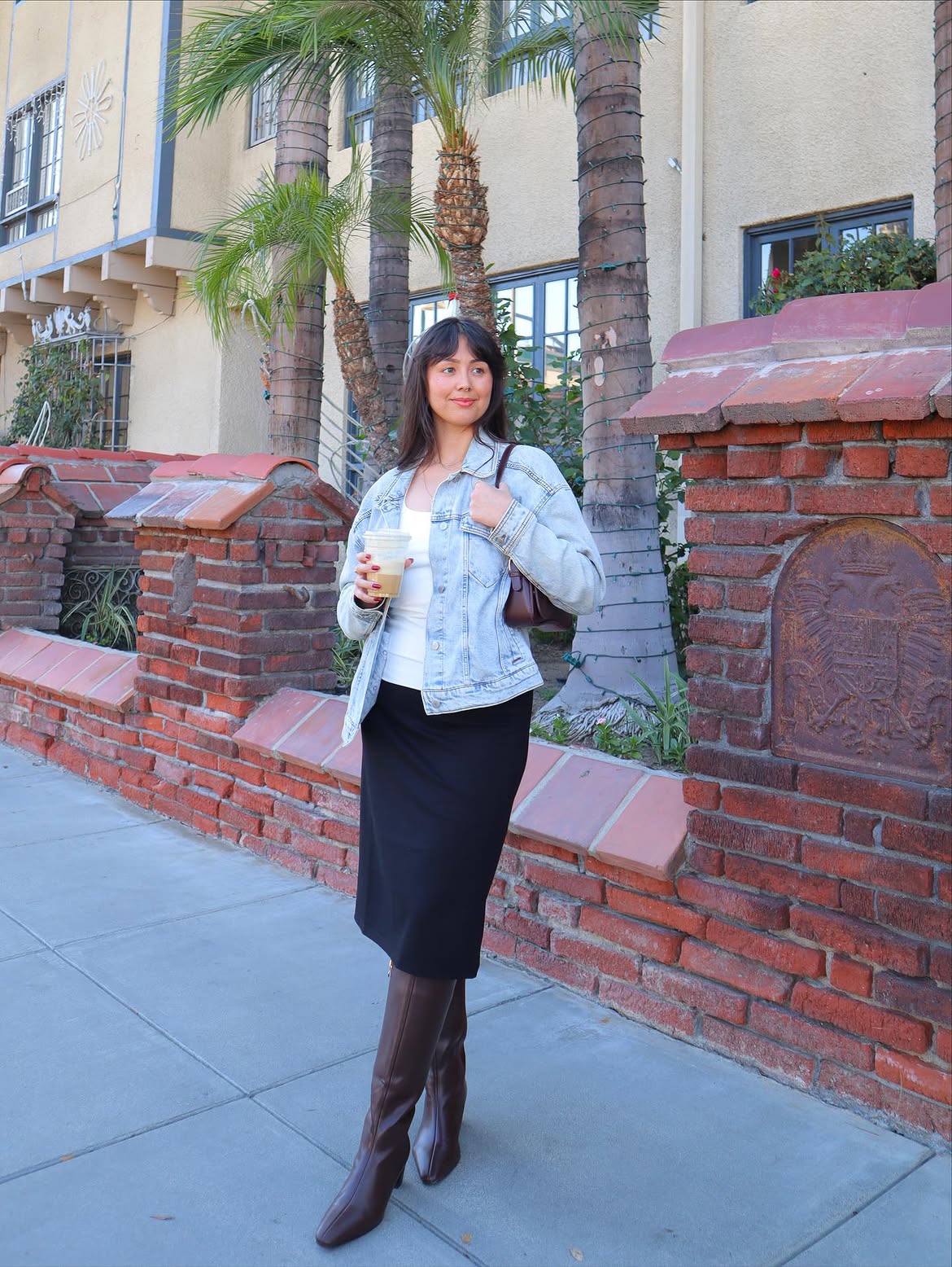 Denim Jacket Midi Skirt And Knee-High Boot Combo