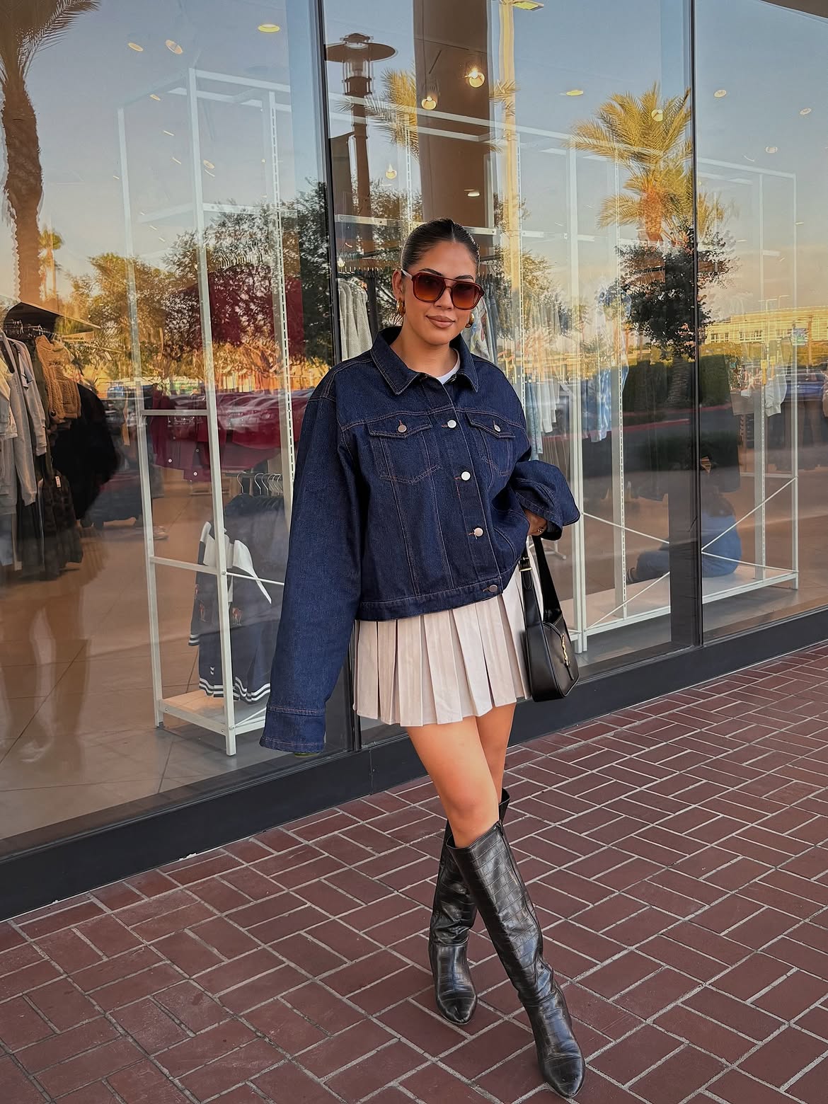 Denim Jacket With Pleated Mini Skirt And Boots