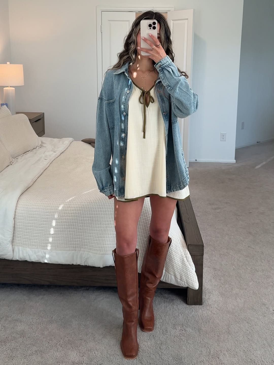 Denim Overshirt Over Cream Mini Dress