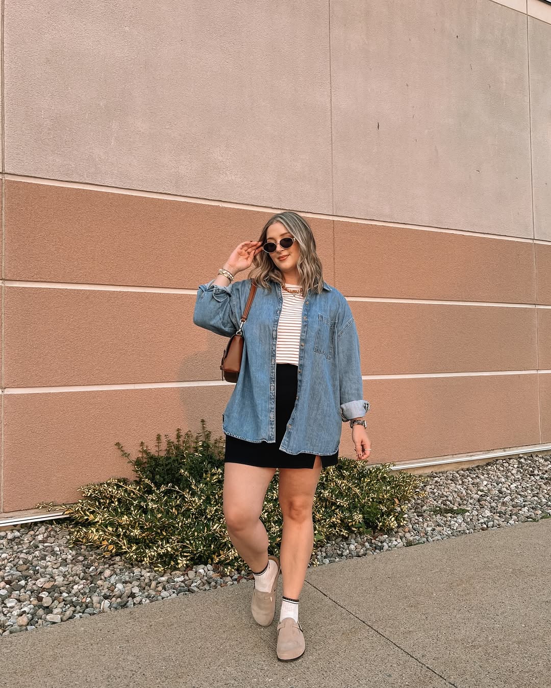 Denim Overshirt With Striped Tee And Black Skirt