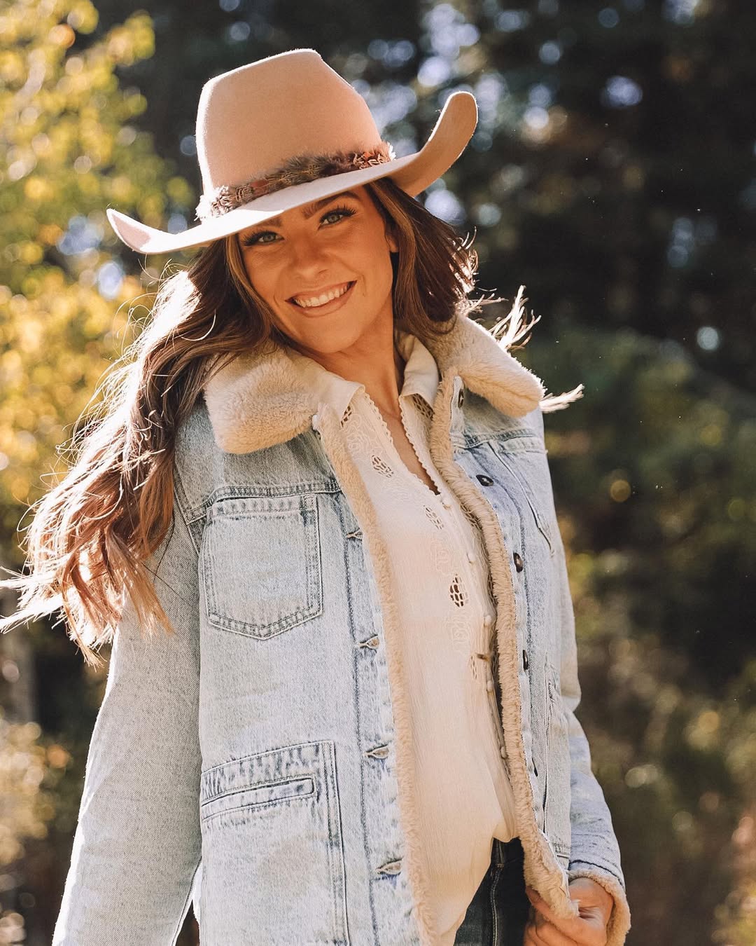 Denim Shearling Jacket with Embroidered Cream Blouse