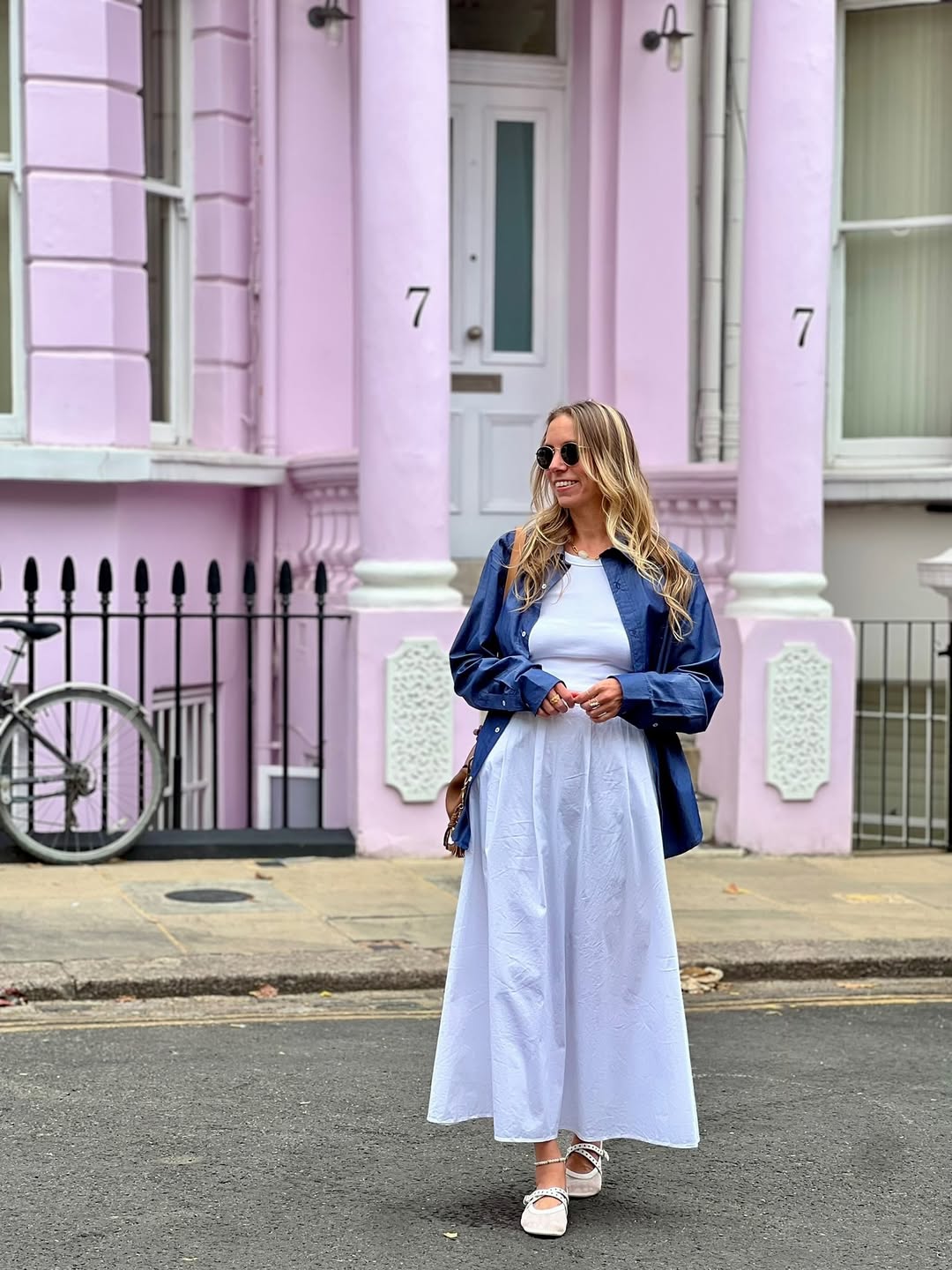 Denim Shirt Over White Maxi Dress with Mary Janes
