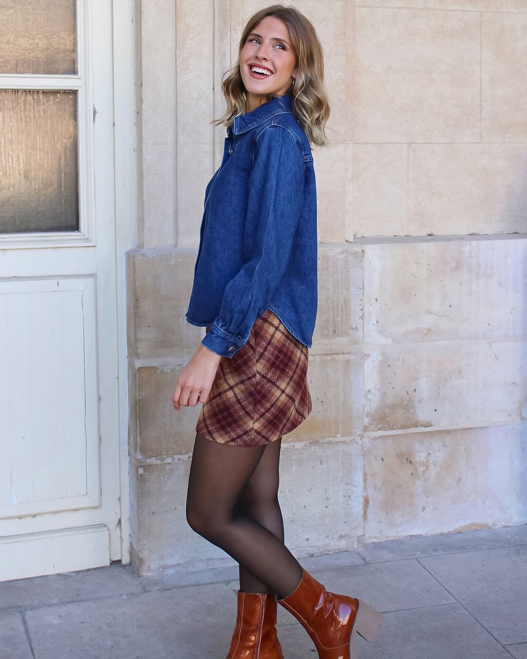 Denim Top Plaid Skirt And Tall Boots