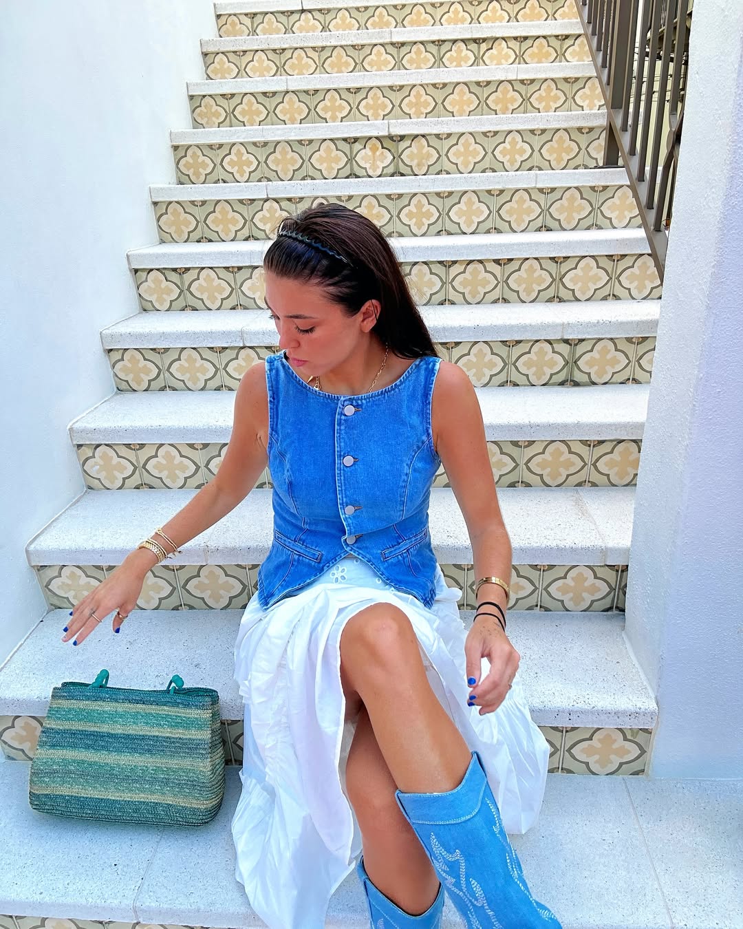 Denim Vest With Tiered Midi Skirt and Cowboy Boots