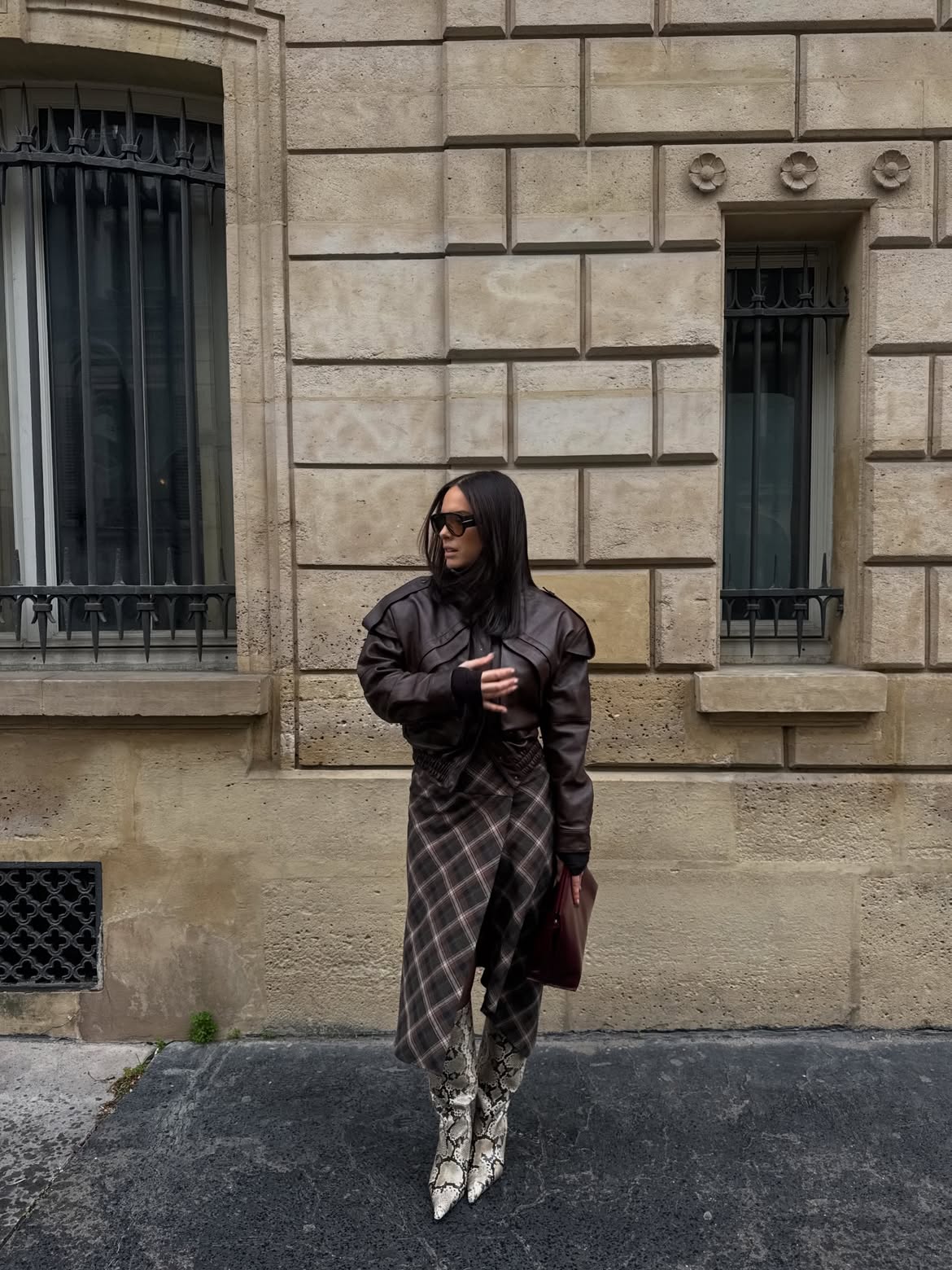 Edgy Bomber Jacket With Plaid Skirt And Snake Boots